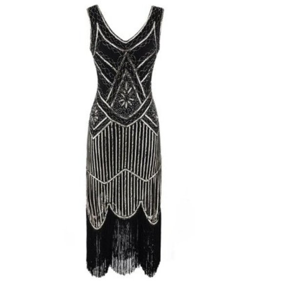 Women's Vintage 1920's Sequin Beaded Tassels Hem Flapper Dress with Accessories - Picture 7 of 7